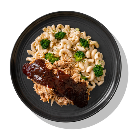 BRO-BQ Crack: Pulled chicken smothered in our famous BRO-BQ sauce served with reduced-fat broccoli mac & cheese.